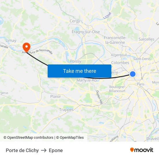 Porte de Clichy to Epone map