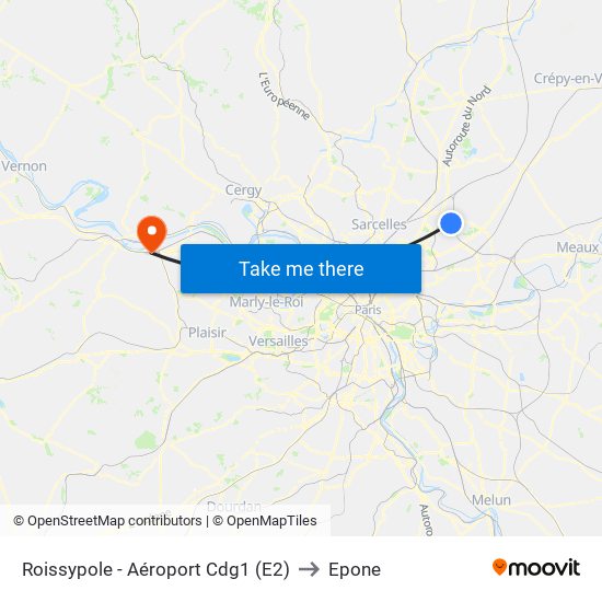Roissypole - Aéroport Cdg1 (E2) to Epone map