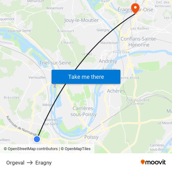 Orgeval to Eragny map