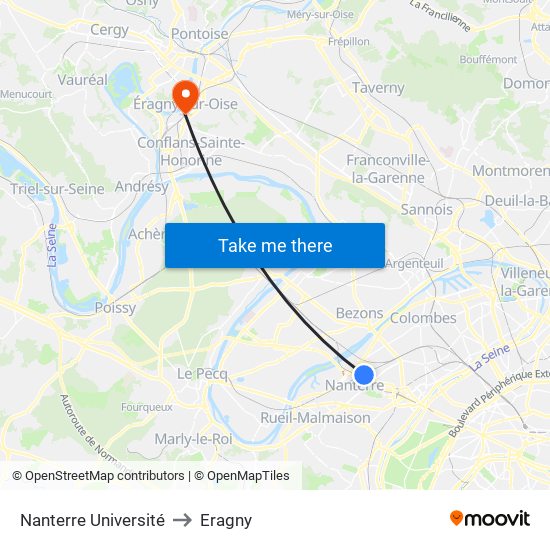 Nanterre Université to Eragny map