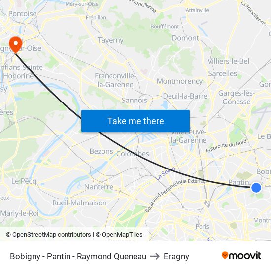 Bobigny - Pantin - Raymond Queneau to Eragny map