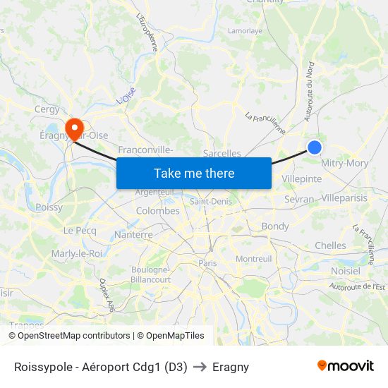 Roissypole - Aéroport Cdg1 (D3) to Eragny map
