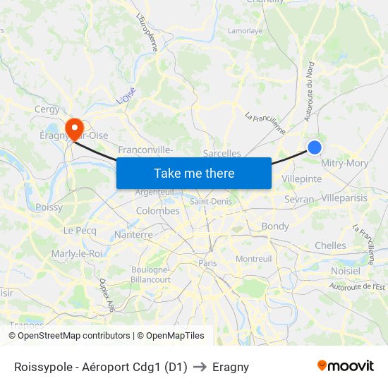 Roissypole - Aéroport Cdg1 (D1) to Eragny map