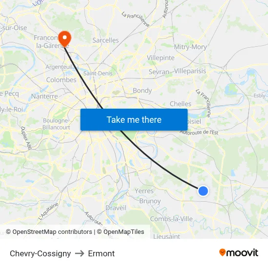 Chevry-Cossigny to Ermont map