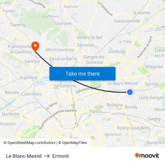 Le Blanc-Mesnil to Ermont map