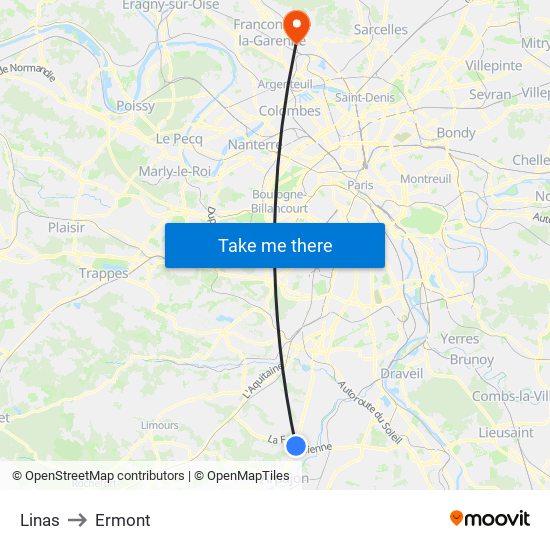 Linas to Ermont map