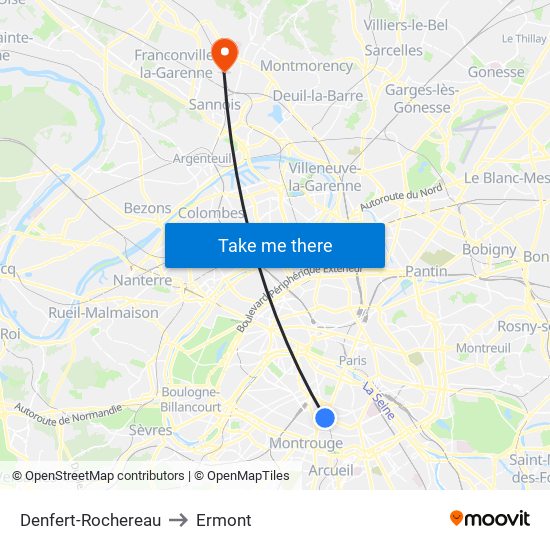 Denfert-Rochereau to Ermont map