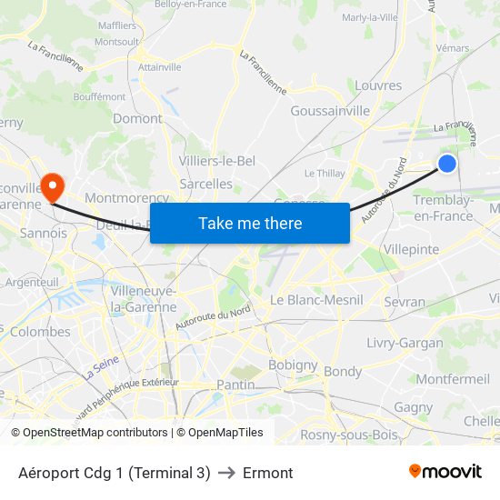 Aéroport Cdg 1 (Terminal 3) to Ermont map