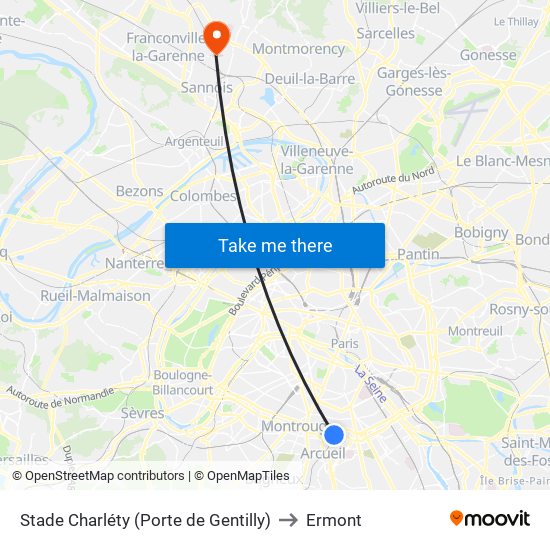 Stade Charléty (Porte de Gentilly) to Ermont map