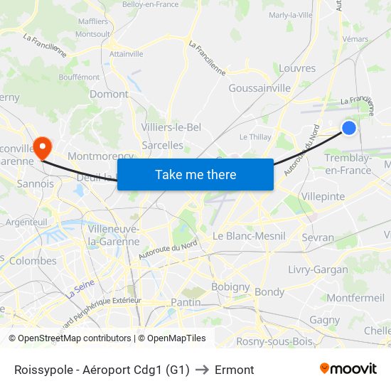 Roissypole - Aéroport Cdg1 (G1) to Ermont map