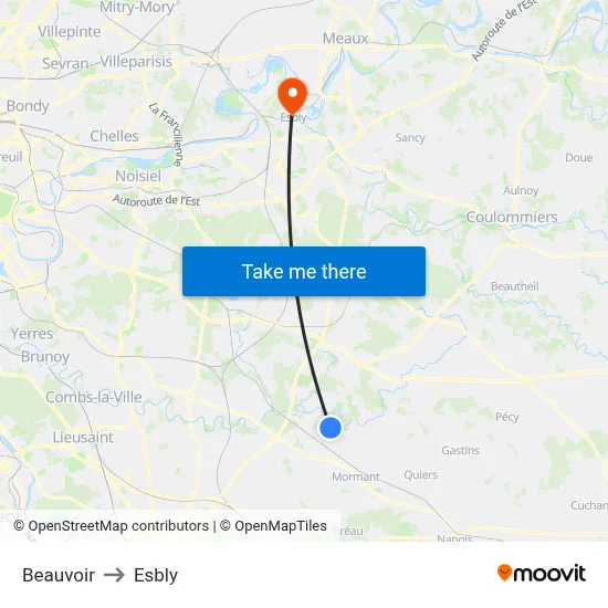 Beauvoir to Esbly map