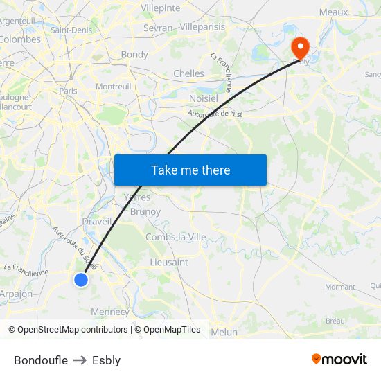 Bondoufle to Esbly map