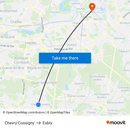 Chevry-Cossigny to Esbly map