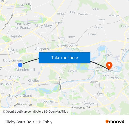 Clichy-Sous-Bois to Esbly map
