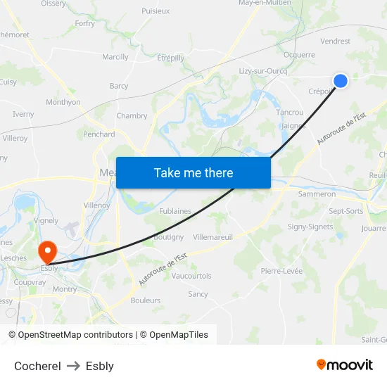 Cocherel to Esbly map