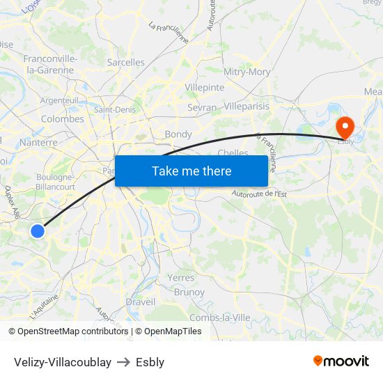 Velizy-Villacoublay to Esbly map