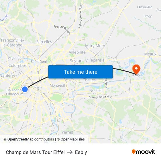 Champ de Mars Tour Eiffel to Esbly map