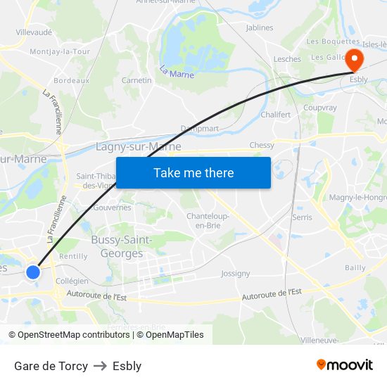 Gare de Torcy to Esbly map