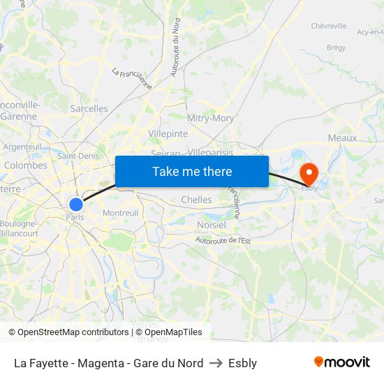 La Fayette - Magenta - Gare du Nord to Esbly map