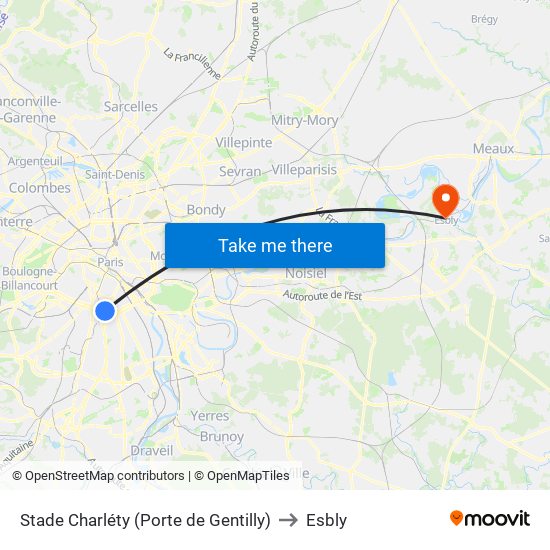 Stade Charléty (Porte de Gentilly) to Esbly map