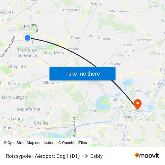 Roissypole - Aéroport Cdg1 (D1) to Esbly map