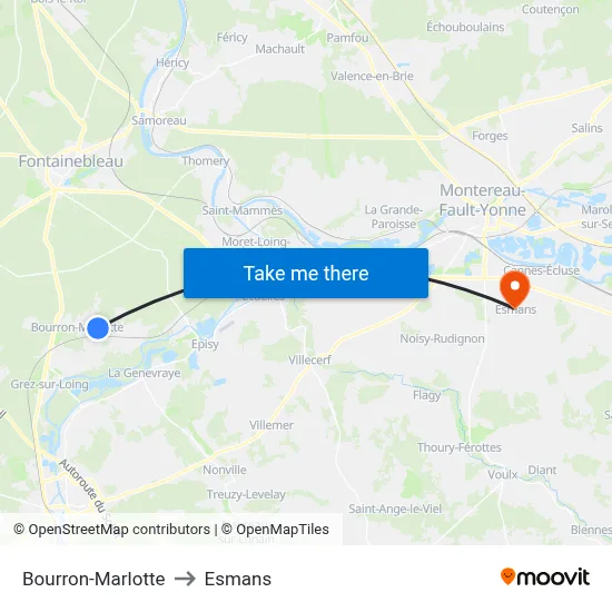 Bourron-Marlotte to Esmans map