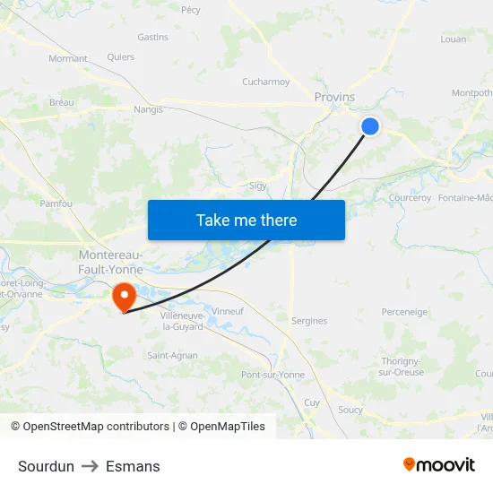 Sourdun to Esmans map