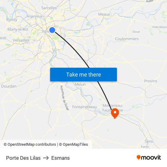 Porte Des Lilas to Esmans map