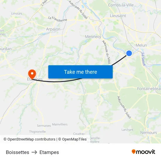 Boissettes to Etampes map
