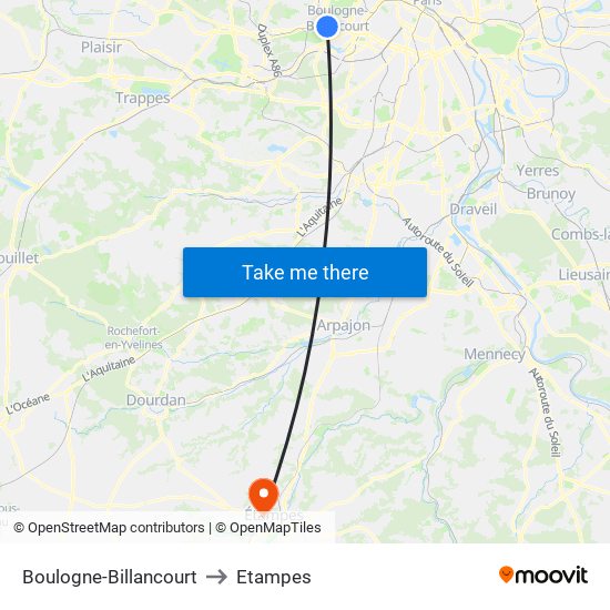 Boulogne-Billancourt to Etampes map