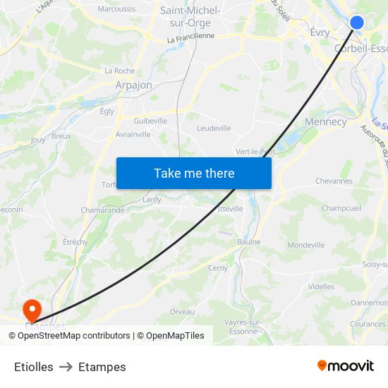 Etiolles to Etampes map