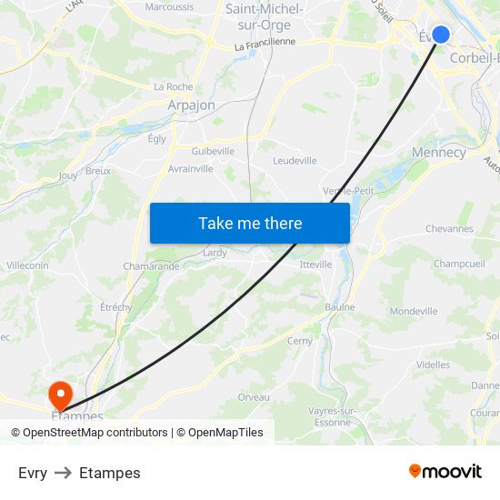 Evry to Etampes map