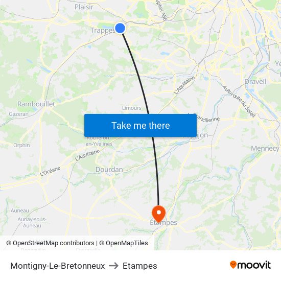 Montigny-Le-Bretonneux to Etampes map