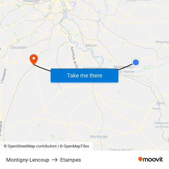 Montigny-Lencoup to Etampes map