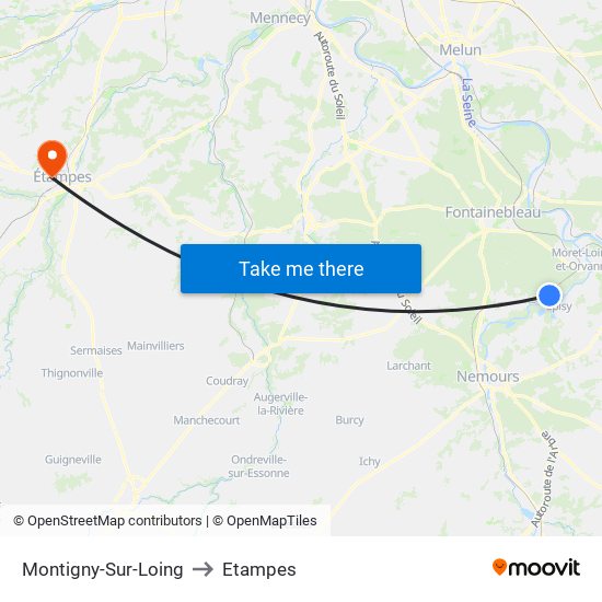 Montigny-Sur-Loing to Etampes map