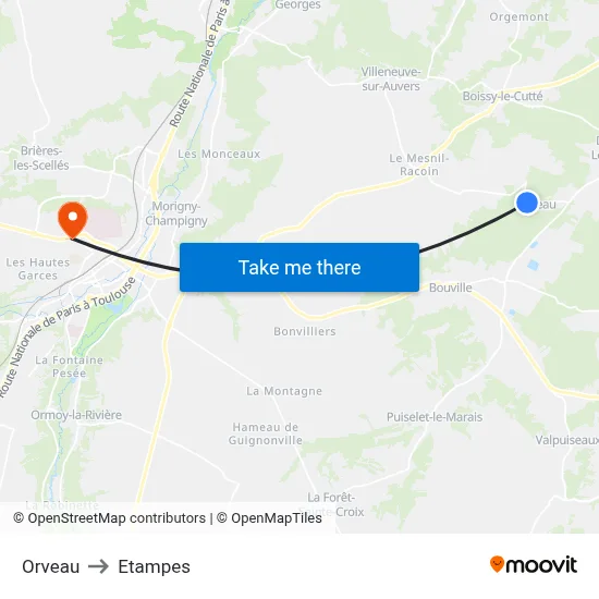 Orveau to Etampes map