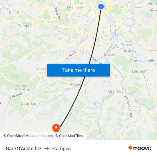 Gare D'Austerlitz to Etampes map