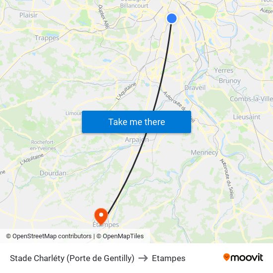 Stade Charléty (Porte de Gentilly) to Etampes map