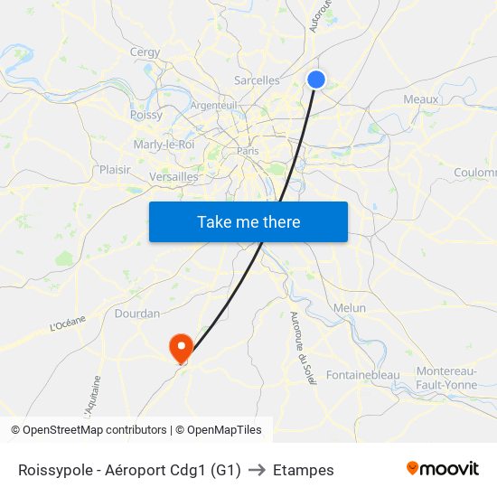 Roissypole - Aéroport Cdg1 (G1) to Etampes map