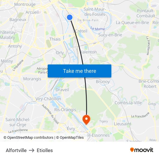 Alfortville to Etiolles map