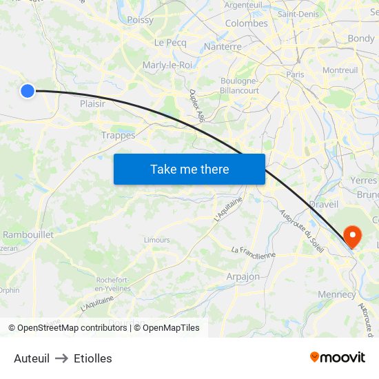 Auteuil to Etiolles map