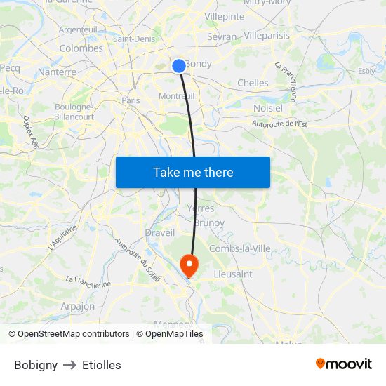 Bobigny to Etiolles map