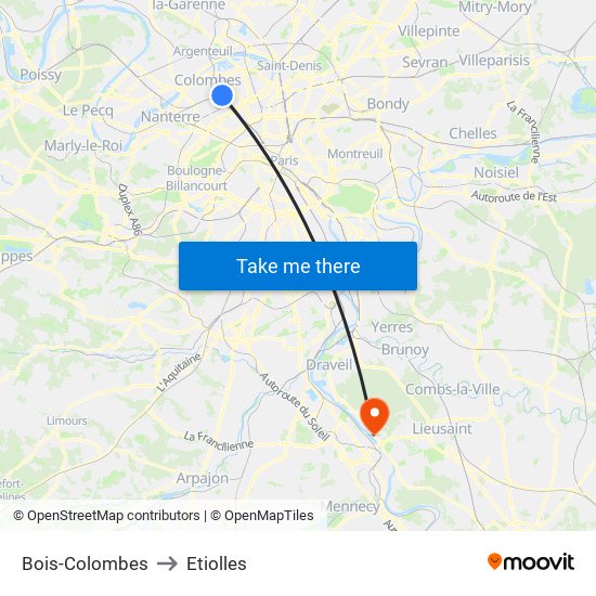 Bois-Colombes to Etiolles map