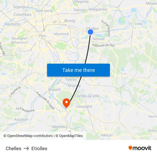 Chelles to Etiolles map