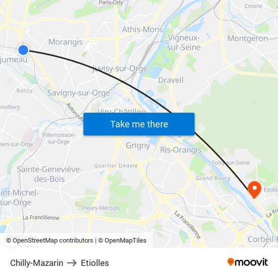 Chilly-Mazarin to Etiolles map