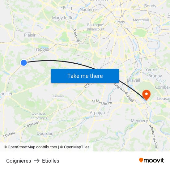 Coignieres to Etiolles map