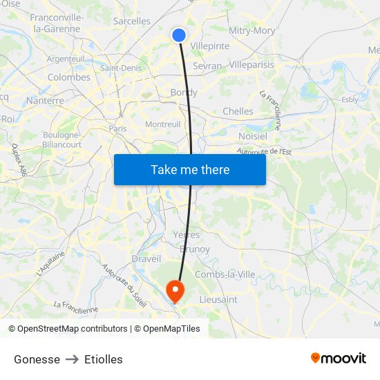 Gonesse to Etiolles map