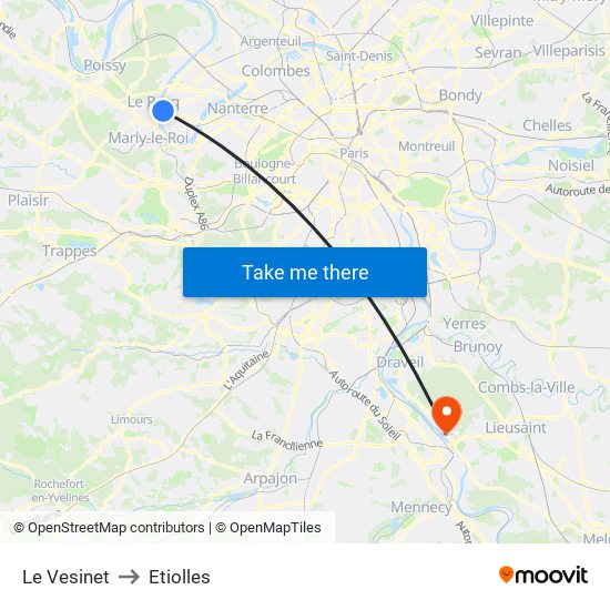 Le Vesinet to Etiolles map