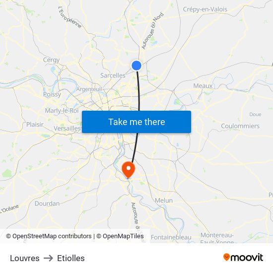 Louvres to Etiolles map