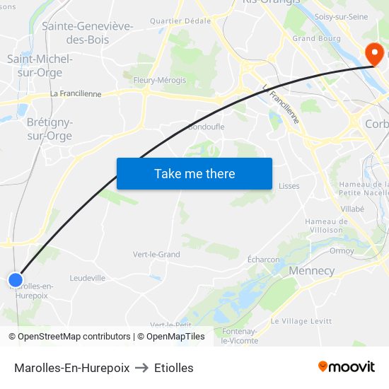 Marolles-En-Hurepoix to Etiolles map